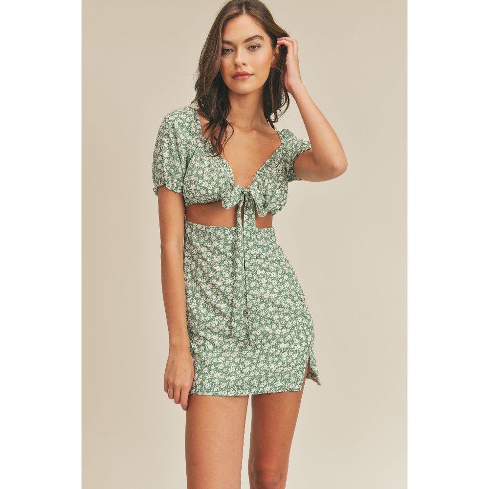 FLORAL PRINT RIBBON TIE SHORT SLV DRESS